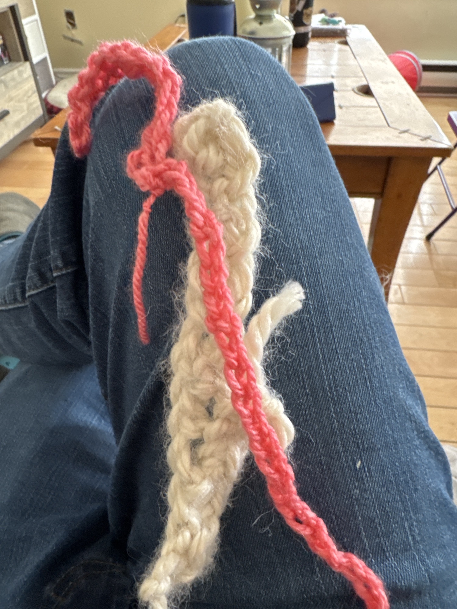 A picture of two single crochet chains I’ve given up on, laying across my leg.