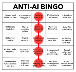 An Anti-AI themed bingo card of all anti-AI sayings people tested as the “numbers,” and a row of bingo dauber marks singling they’ve heard it called out.