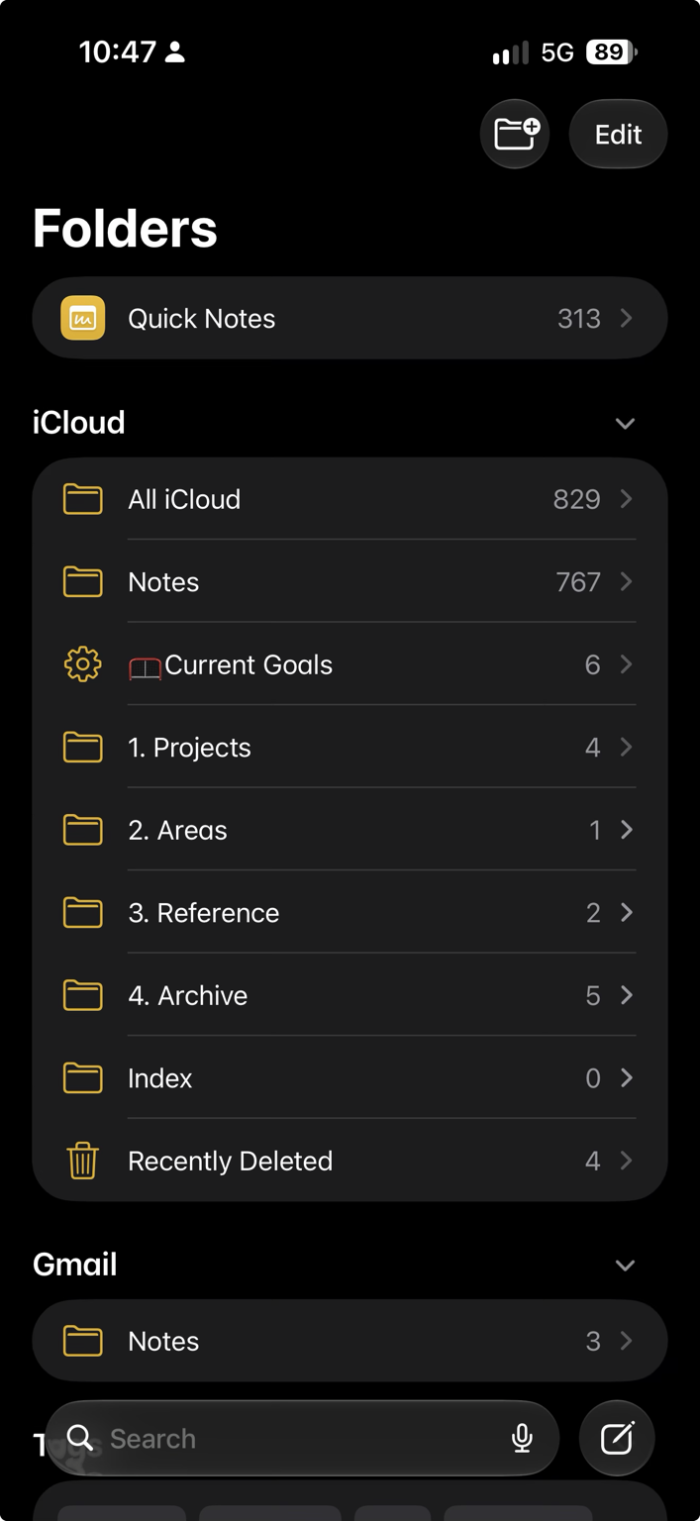 Screenshot of Apple Notes showing folders for Projects, Areas, Reference and Archive, plus a Current Goals Smart Folder.