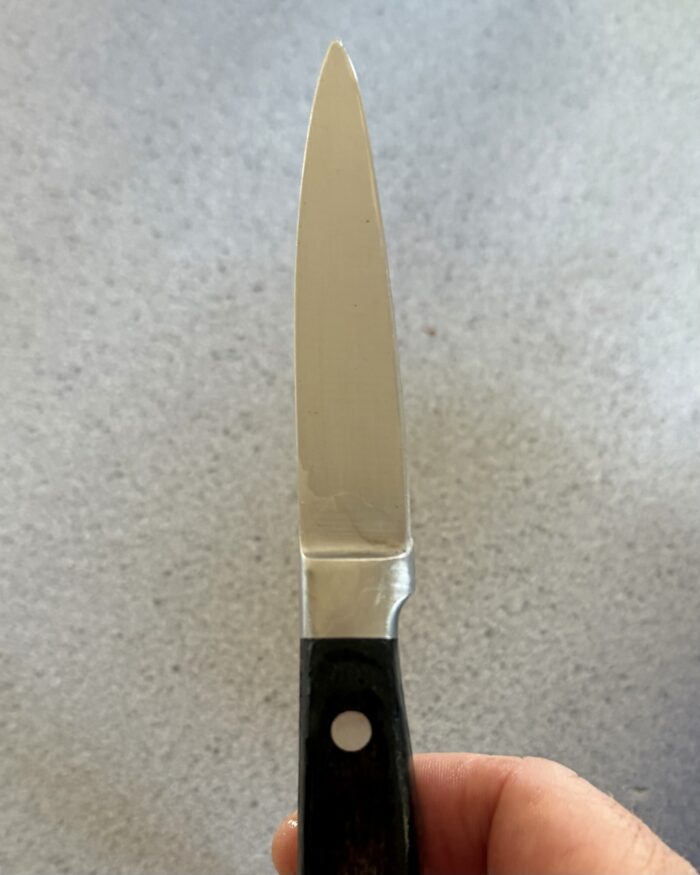 Old black-handled paring knife held upright over a kitchen counter.