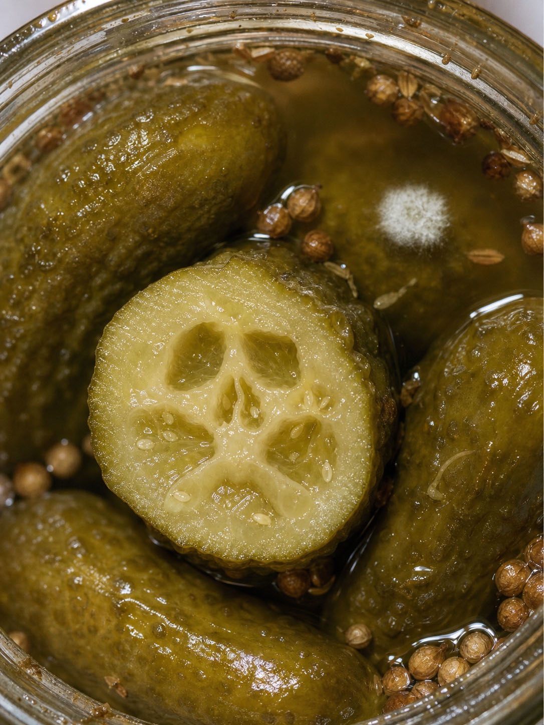 Fermented pickles in a jar, with white mold on the brine and a skull-like pattern inside a cut pickle. Photograph enhanced with AI-generated imagery.
