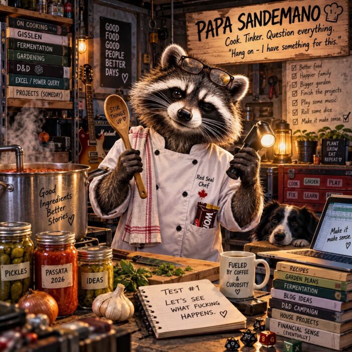 Illustration of the Papa Sandemano raccoon mascot dressed as a chef in a cluttered workshop kitchen, surrounded by cookbooks, preserves, garden notes, projects, a laptop, guitar and dice.