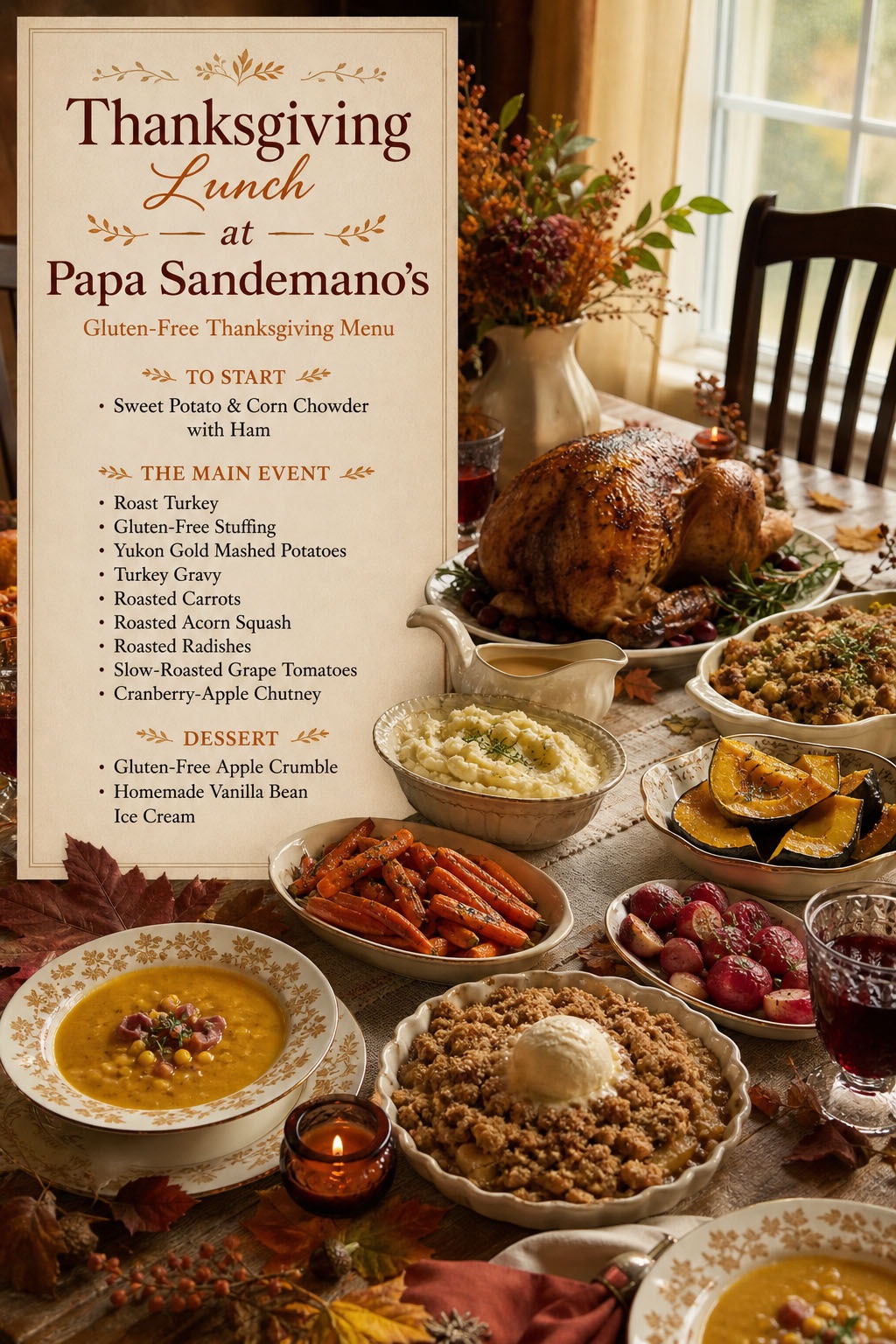 Papa Sandemano's 2026 gluten-free Thanksgiving lunch menu featuring roast turkey, seasonal vegetables and apple crumble.