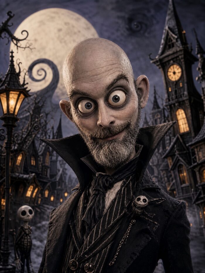 Whimsical gothic portrait of a bald, grey-bearded man with oversized eyes wearing a black Victorian coat, standing beneath a full moon in a crooked village.