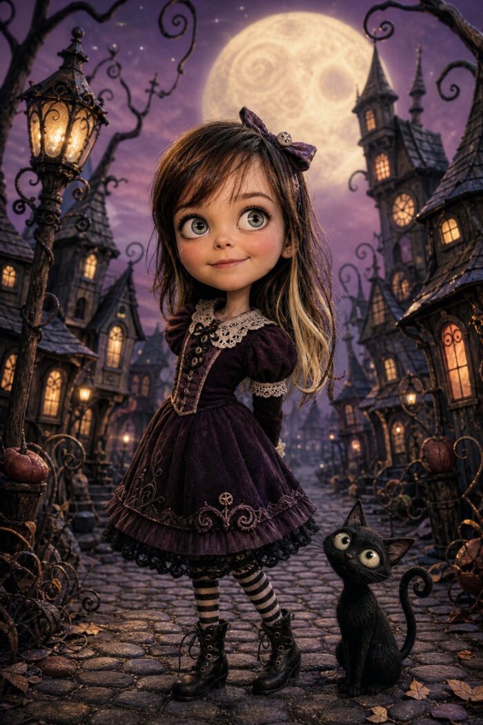 AI-generated gothic illustration of a young girl with large expressive eyes, long brown hair, a purple Victorian-style dress and striped stockings, standing beside a wide-eyed black cat on a cobblestone street beneath a full moon.