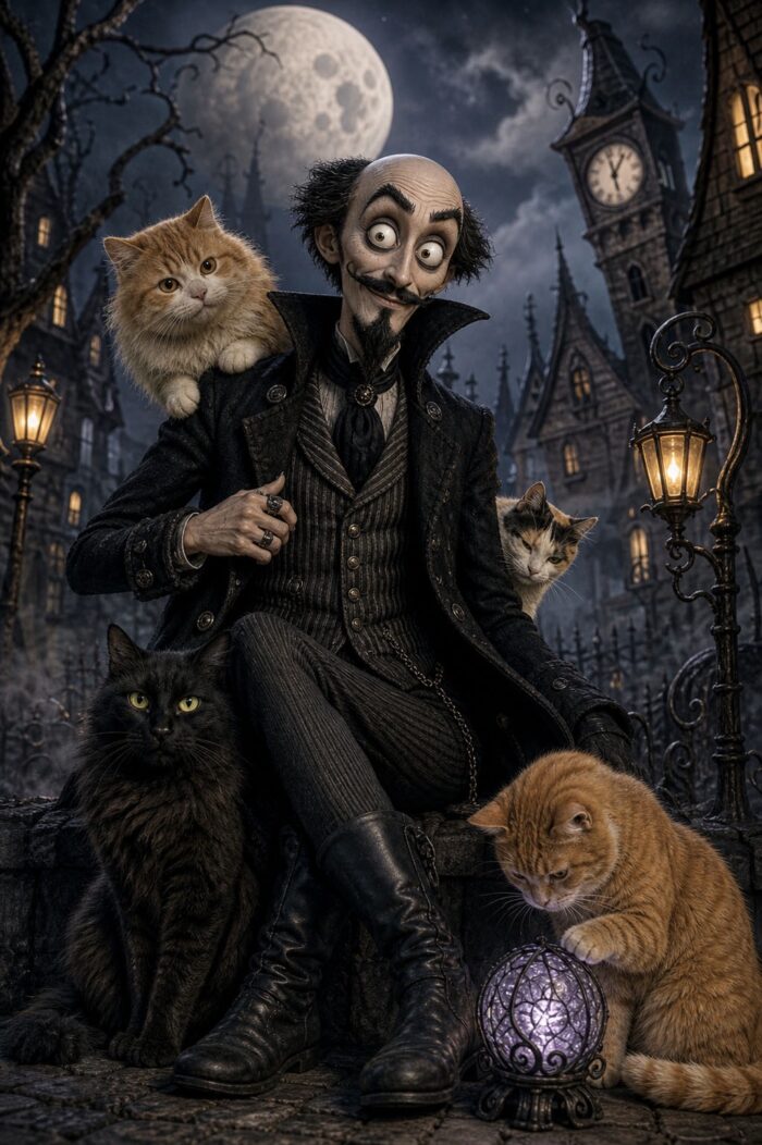 Whimsical gothic illustration of a wide-eyed Victorian man with a balding head, wild black side hair and a pointed moustache, seated among four cats on a moonlit cobblestone street. A glowing purple orb sits beside an orange cat.