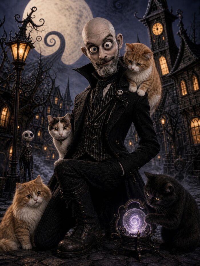Whimsical gothic illustration of a bald, grey-bearded man with large eyes wearing a black Victorian coat, surrounded by four cats: two orange cats, a calico cat and a black cat. They pose on a cobblestone street beneath a full moon, beside a glowing purple orb.