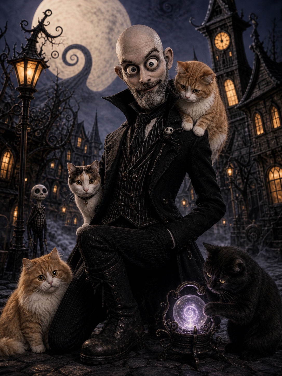 Whimsical gothic illustration of a bald, grey-bearded man with large eyes wearing a black Victorian coat, surrounded by four cats: two orange cats, a calico cat and a black cat. They pose on a cobblestone street beneath a full moon, beside a glowing purple orb.